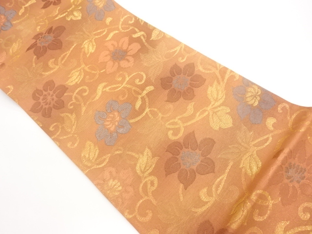 JAPANESE FUKURO OBI FOR SUMMER / SILK / WOVEN FLOWER ARABESQUE